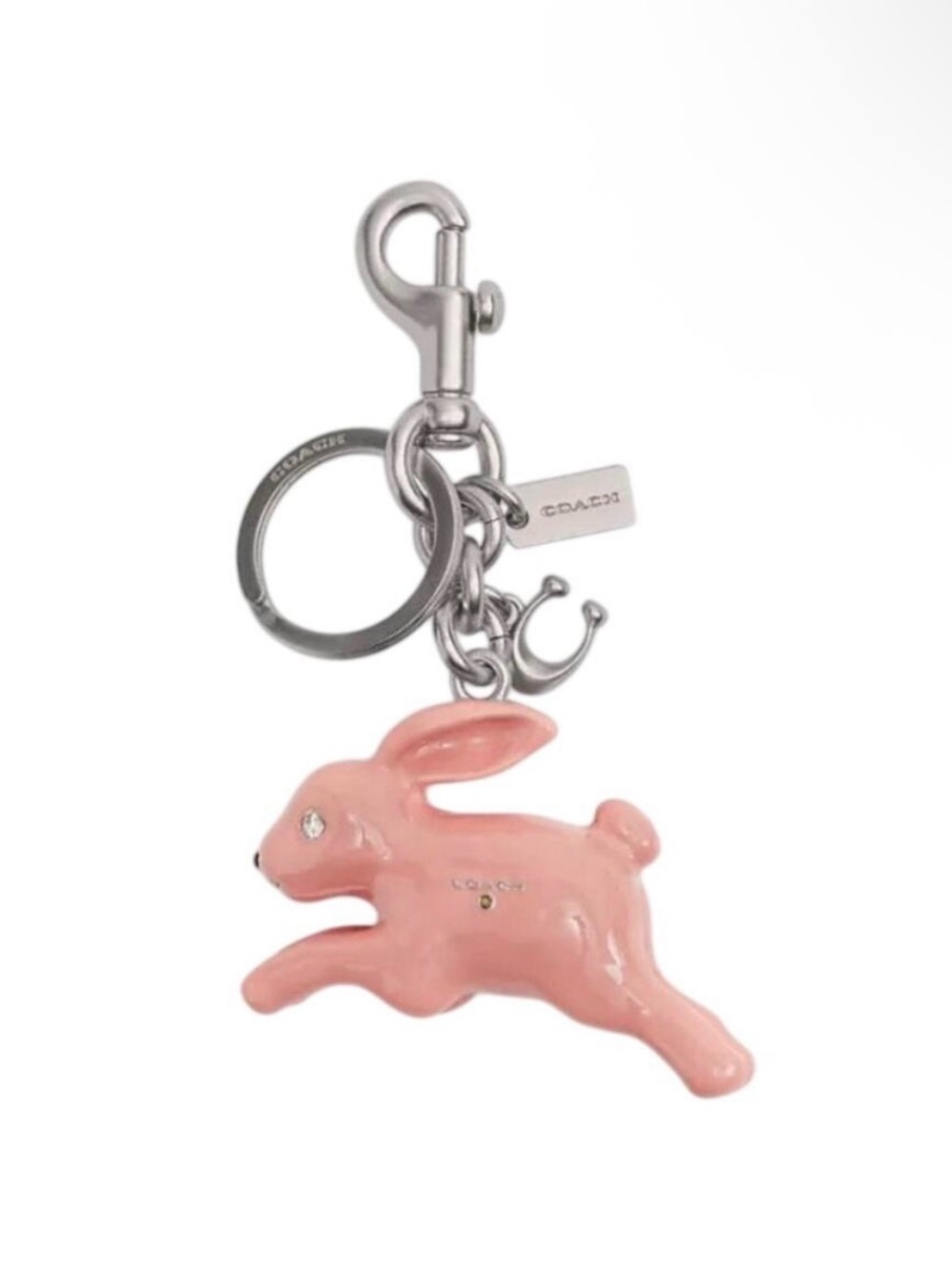 Coach Pink Bunny Enamel Key Charm with Silver Hardware